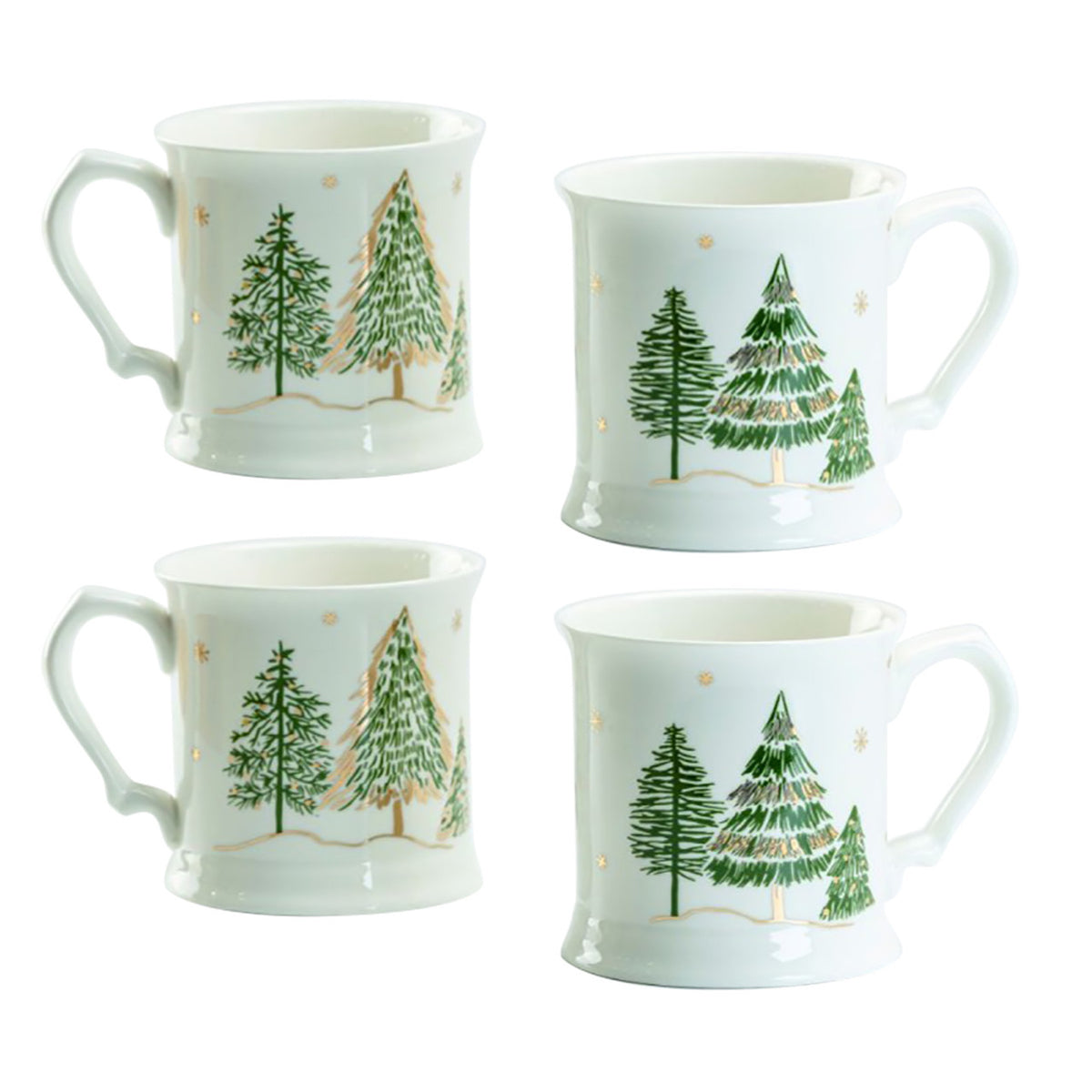 Four mugs with Christmas tree design on a white background