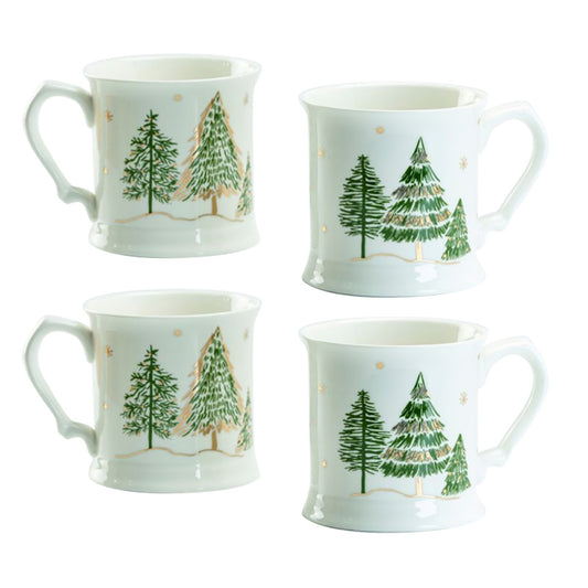 Four mugs with Christmas tree design on a white background