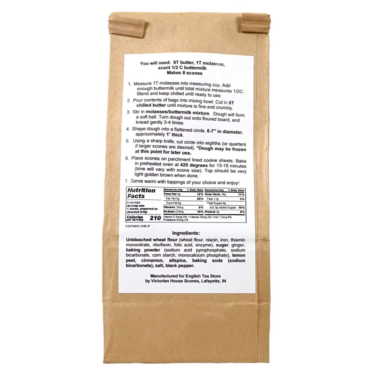 Kraft paper package of Gingerbread Scone Mix on a white background with the instruction and nutritional label displayed on the package.