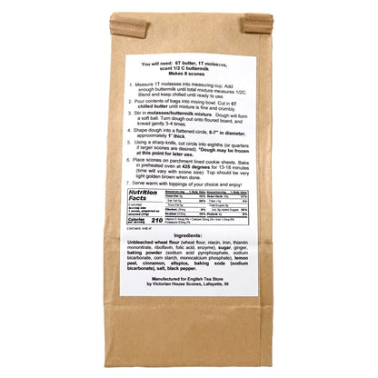 Kraft paper package of Gingerbread Scone Mix on a white background with the instruction and nutritional label displayed on the package.
