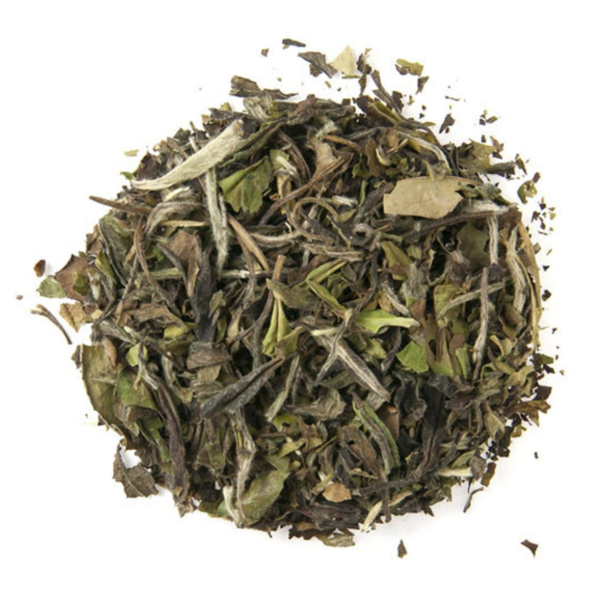 A pile of dry Pai Mu Tan white tea leaves with a slightly pale and withered appearance.