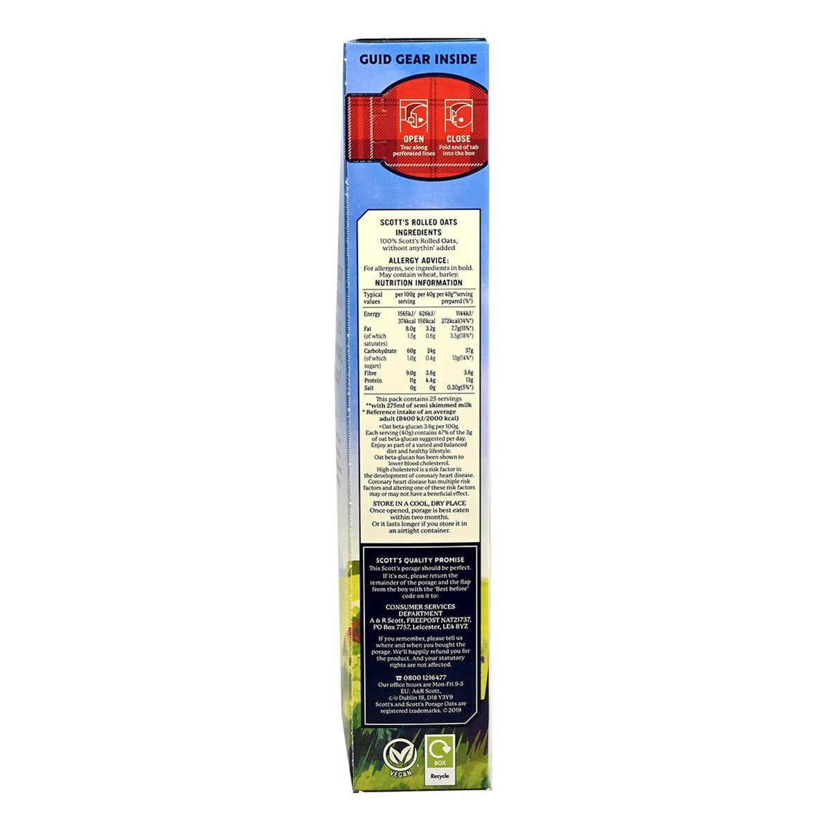 Back view of a cereal box with nutritional information and branding on a white background