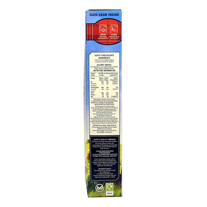 Back view of a cereal box with nutritional information and branding on a white background