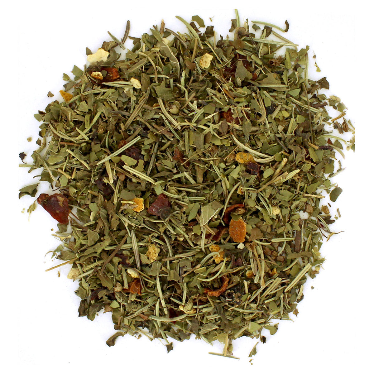 Loose-leaf green tea mixed with visible dry fruit pieces
