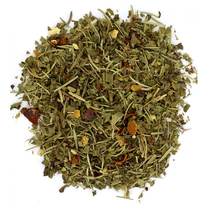 Loose-leaf green tea mixed with visible dry fruit pieces