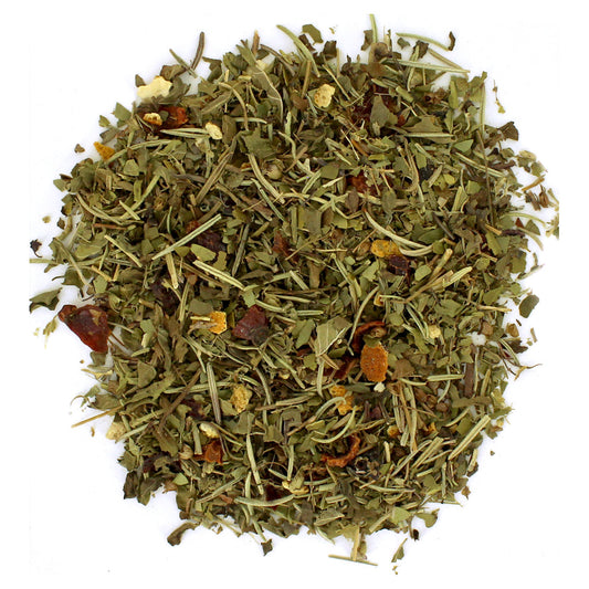 Loose-leaf green tea mixed with visible dry fruit pieces