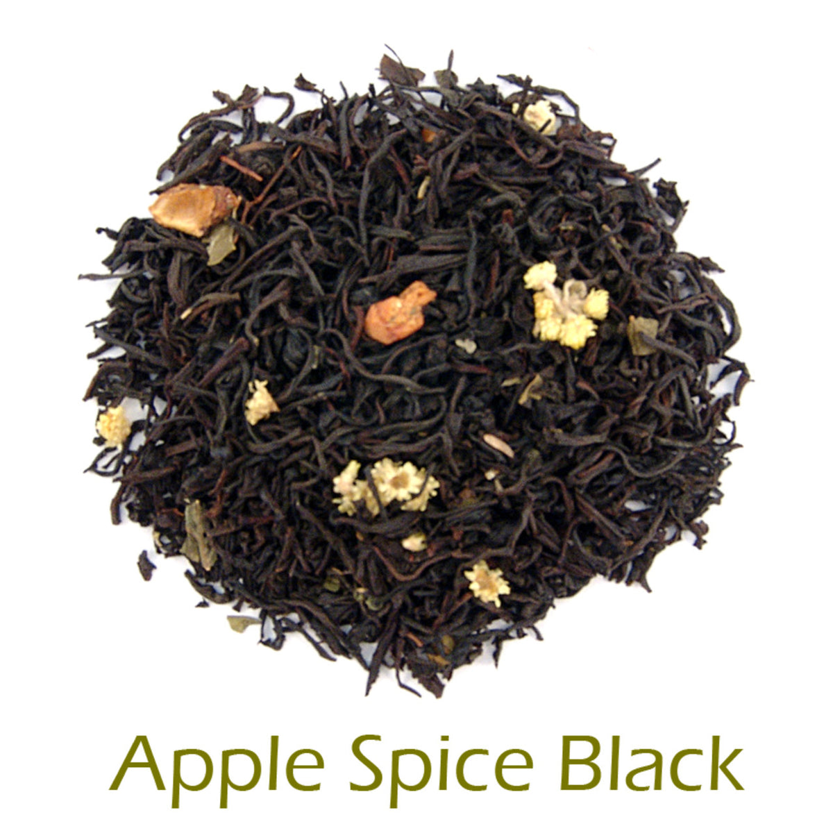Apple Spice Black loose-leaf tea on a white background with product title text callout at bottom