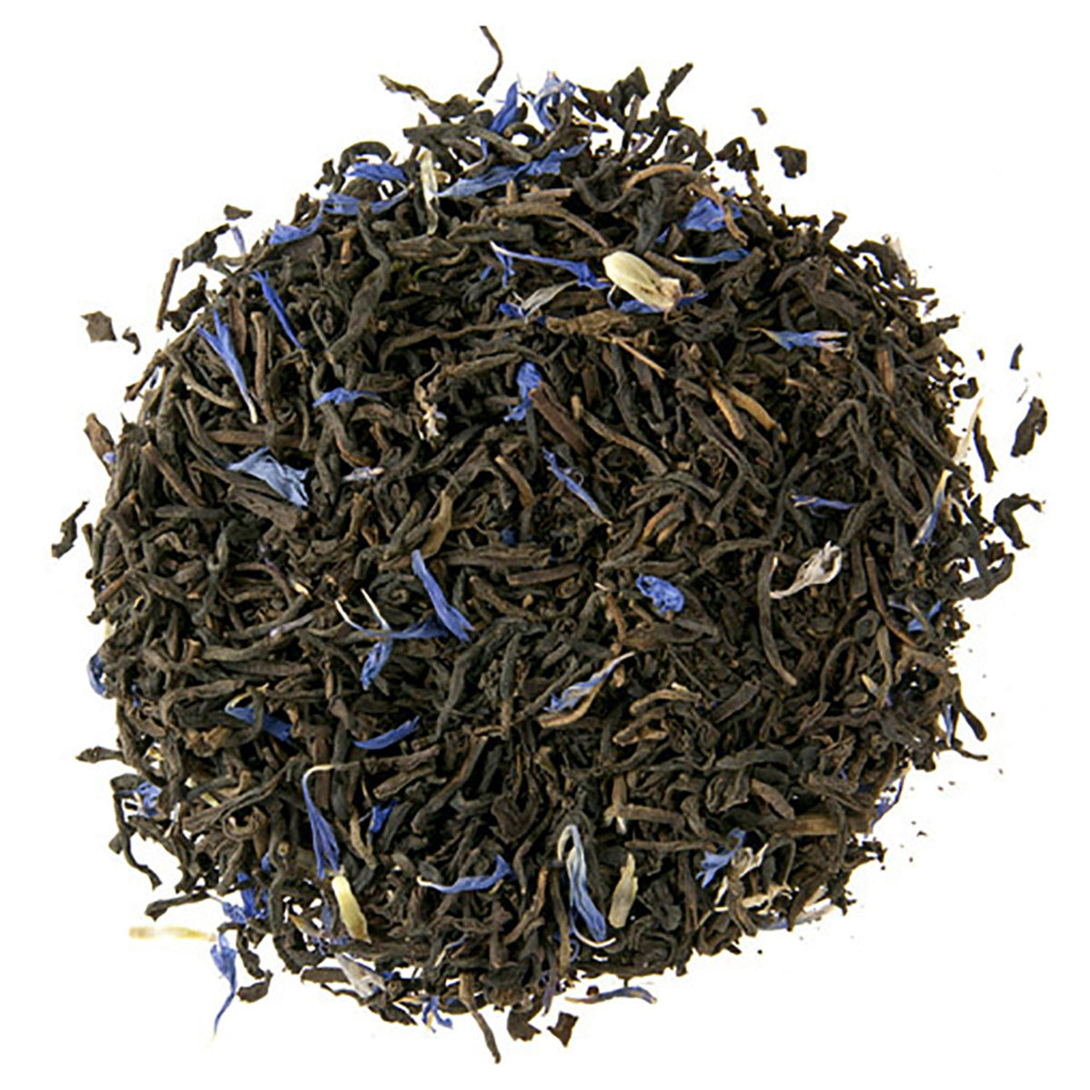Black tea leaves with blue flowers on a white background