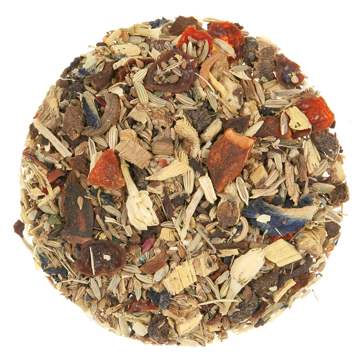 Circular pile of dried yellow and beige tea leaves and flowers with colorful dried fruit pieces