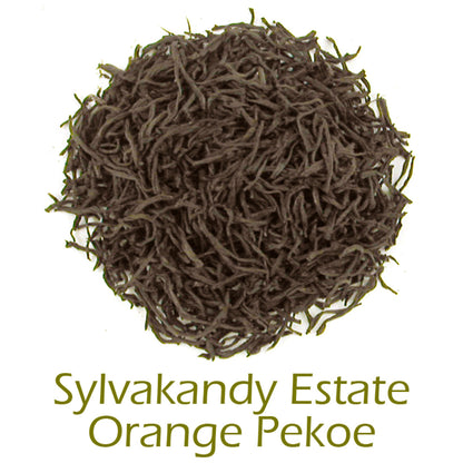 Sylvakandy Estate Orange Pekoe loose-leaf tea on a white background with product name caption