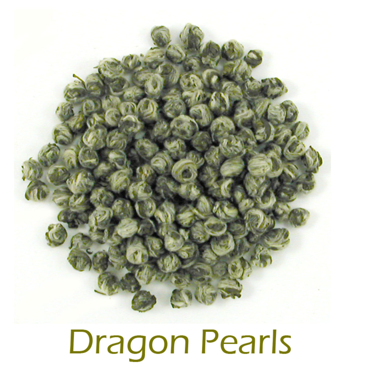 Dragon Pearls loose-leaf tea on a white background with product name caption