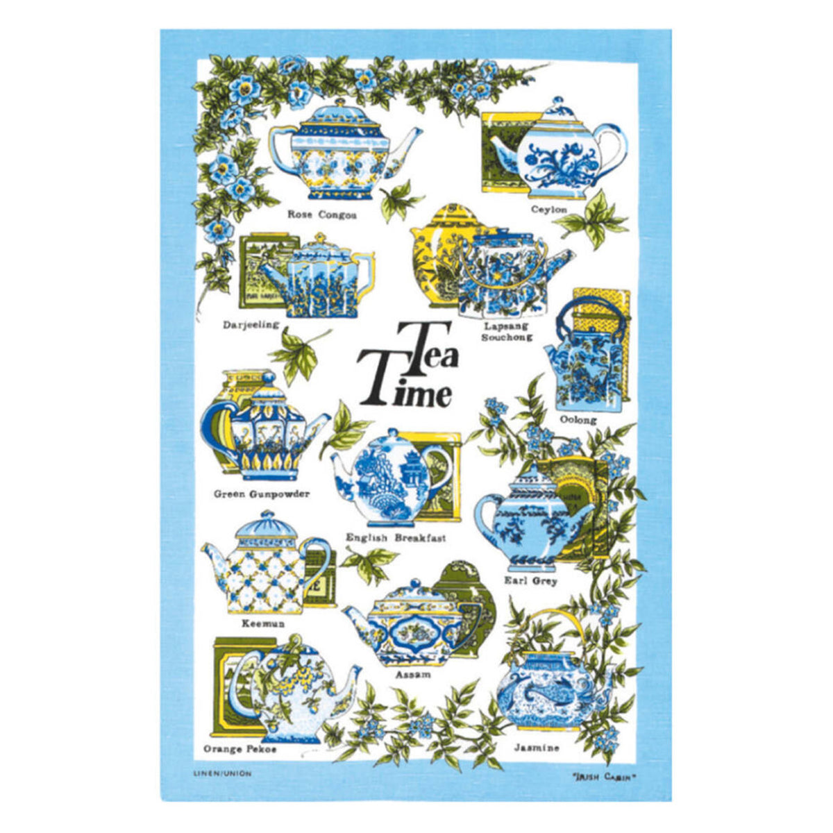 Tea towel with tea pot illustrations and 'Tea Time' text on a white background