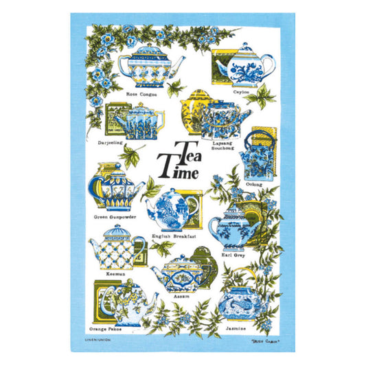 Tea towel with tea pot illustrations and 'Tea Time' text on a white background