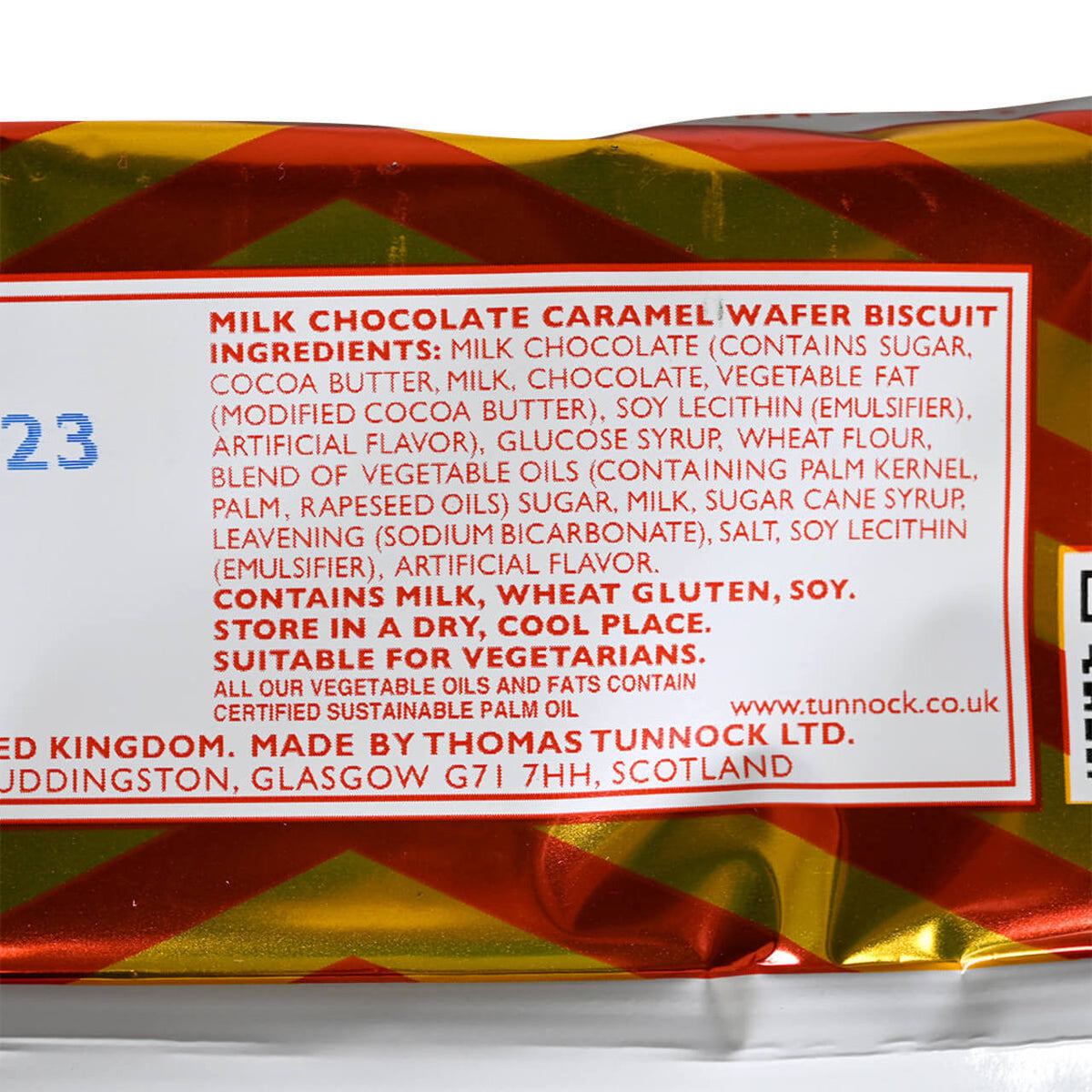 Ingredients listing on a package of Milk Chocolate Caramel Wafer Biscuits