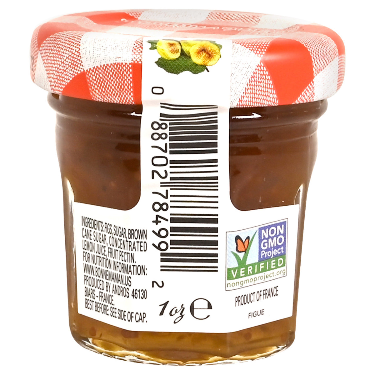 Back of a jar of Bonne Maman Fig Preserves with a red and white checkered lid on a white background