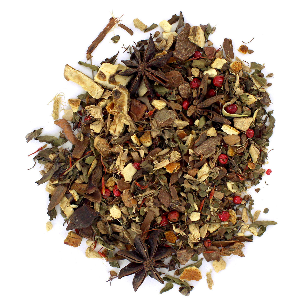 A mixture of dried loose-leaf tea and spices used for tea, including leaves, peppercorns, and slices of orange.