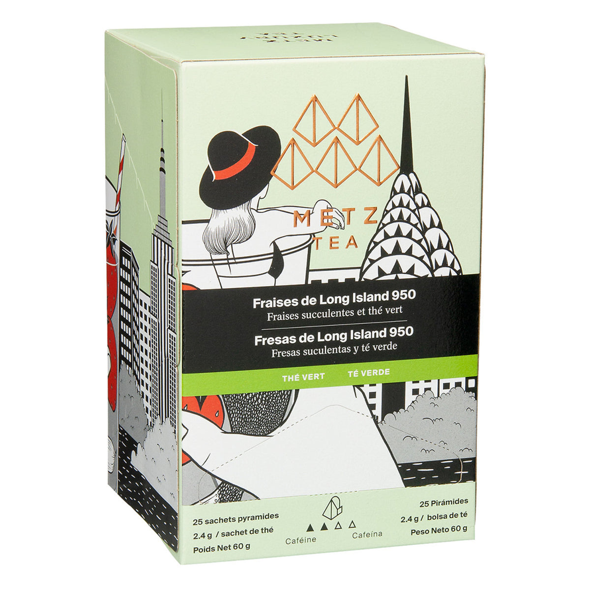 A box of Metz Fraises de Long Island 950 tea featuring an artistic drawing of a woman in a hat looking that the top of the Empire State building.