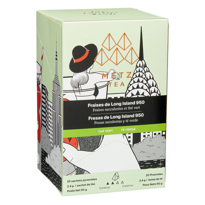 A box of Metz Fraises de Long Island 950 tea featuring an artistic drawing of a woman in a hat looking that the top of the Empire State building.