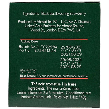 Side of a package of Ahamad Tea Strawberry flavored black tea with packing date and address