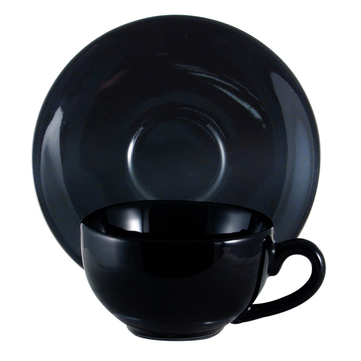 Black ceramic cup and saucer set on a white background