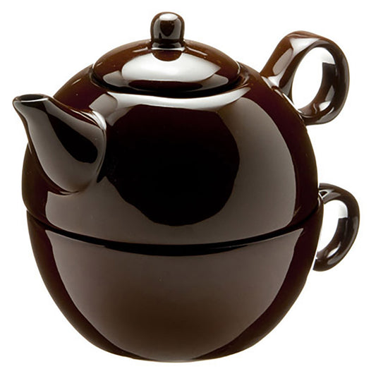 Brown ceramic teapot stacked on a matching teacup on a white background