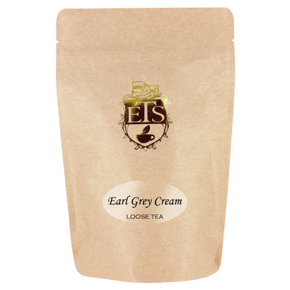 Kraft paper bag with ETS brand logo and Earl Grey Cream Loose Tea callout with bag on a white background.