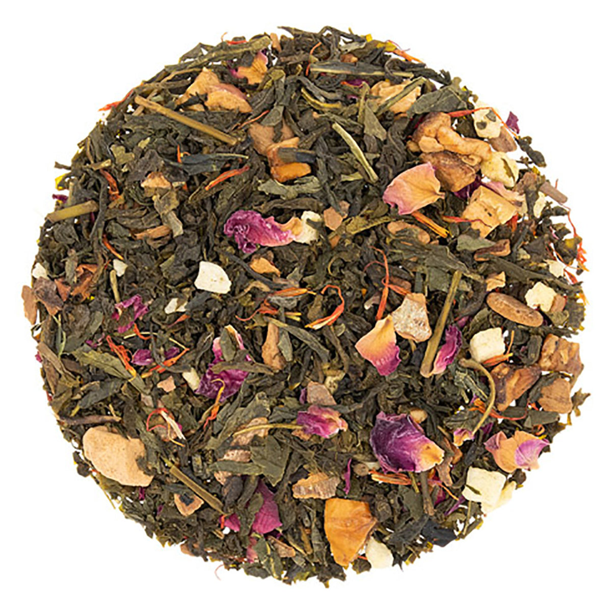 Tea blend with various herbs and flowers on a white background