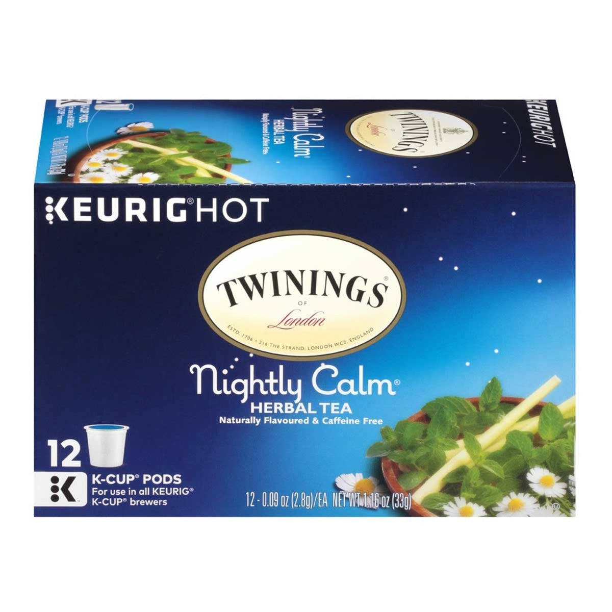 Box of Twinings Nightly Calm Herbal Tea K-Cup pods with branding on a white background