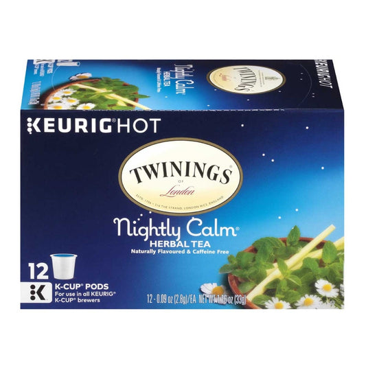 Box of Twinings Nightly Calm Herbal Tea K-Cup pods with branding on a white background