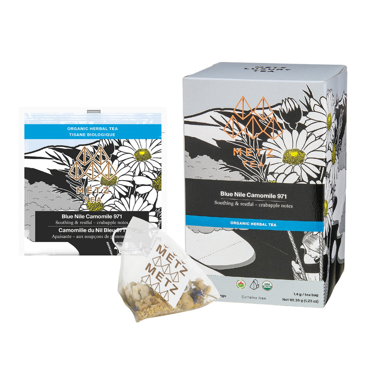 Metz Organic Herbal Tea packaging with tea bag and box on a white background