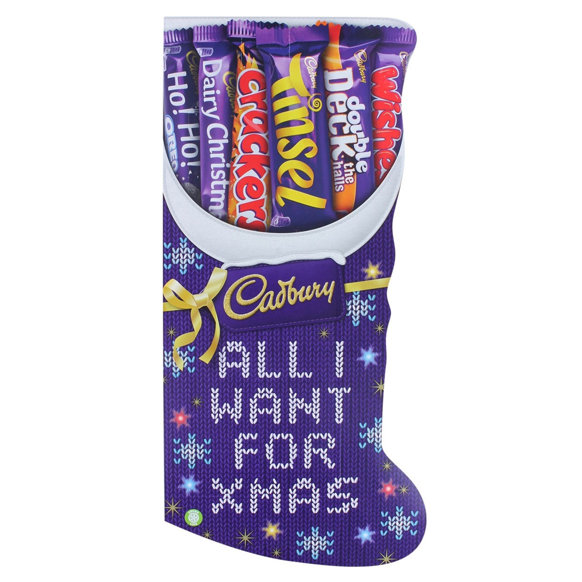 Purple Cadbury stocking filled with assorted chocolate bars on a white background
