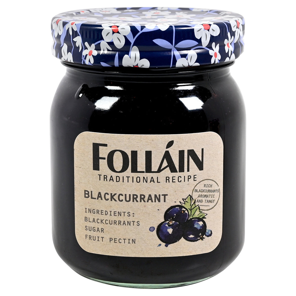 Jar of Folláin blackcurrant jam with floral lid on a white background