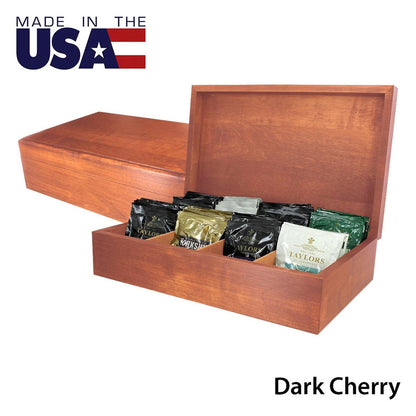 Wooden tea chest with individually wrapped tea bags on a white background with the text for Made in the USA and Dark Cherry