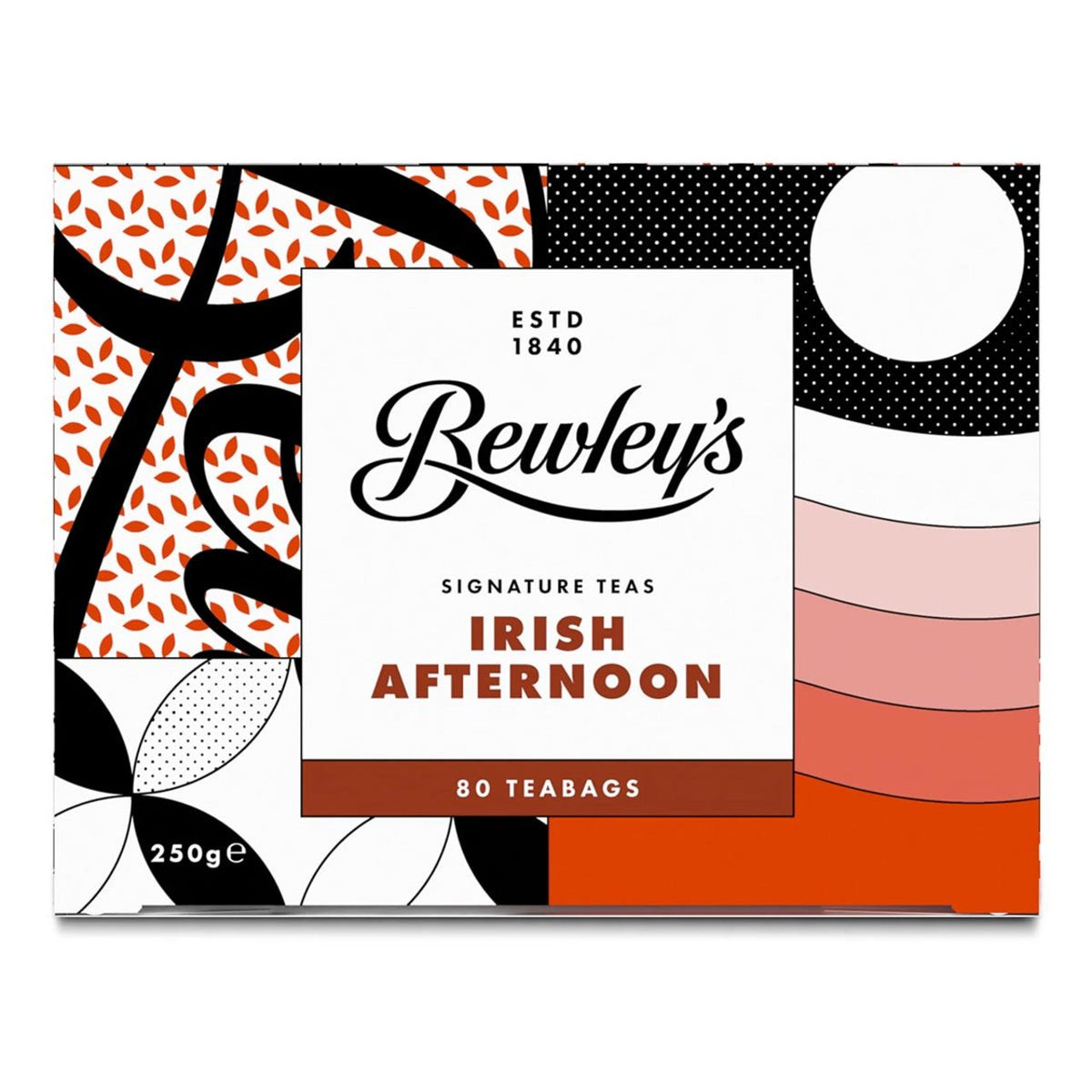 Bewley's Irish Afternoon tea packaging with geometric patterns on a white background