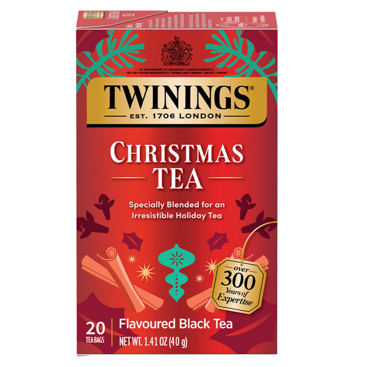 Twinings Christmas Tea red packaging on a white background.