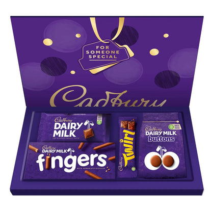 Cadbury chocolate gift set with various flavors in a purple box