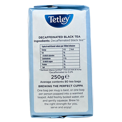 Tetley decaffeinated black tea package with nutritional information on a white background