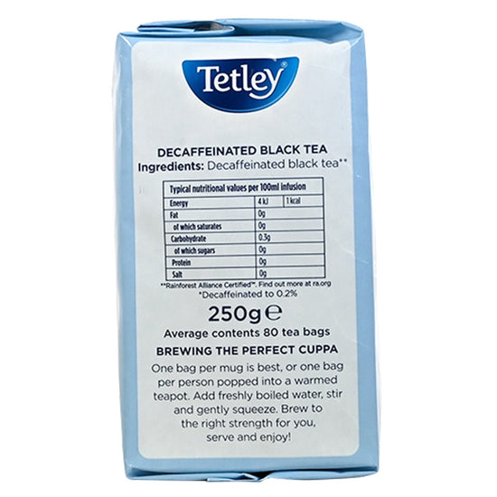 Tetley decaffeinated black tea package with nutritional information on a white background