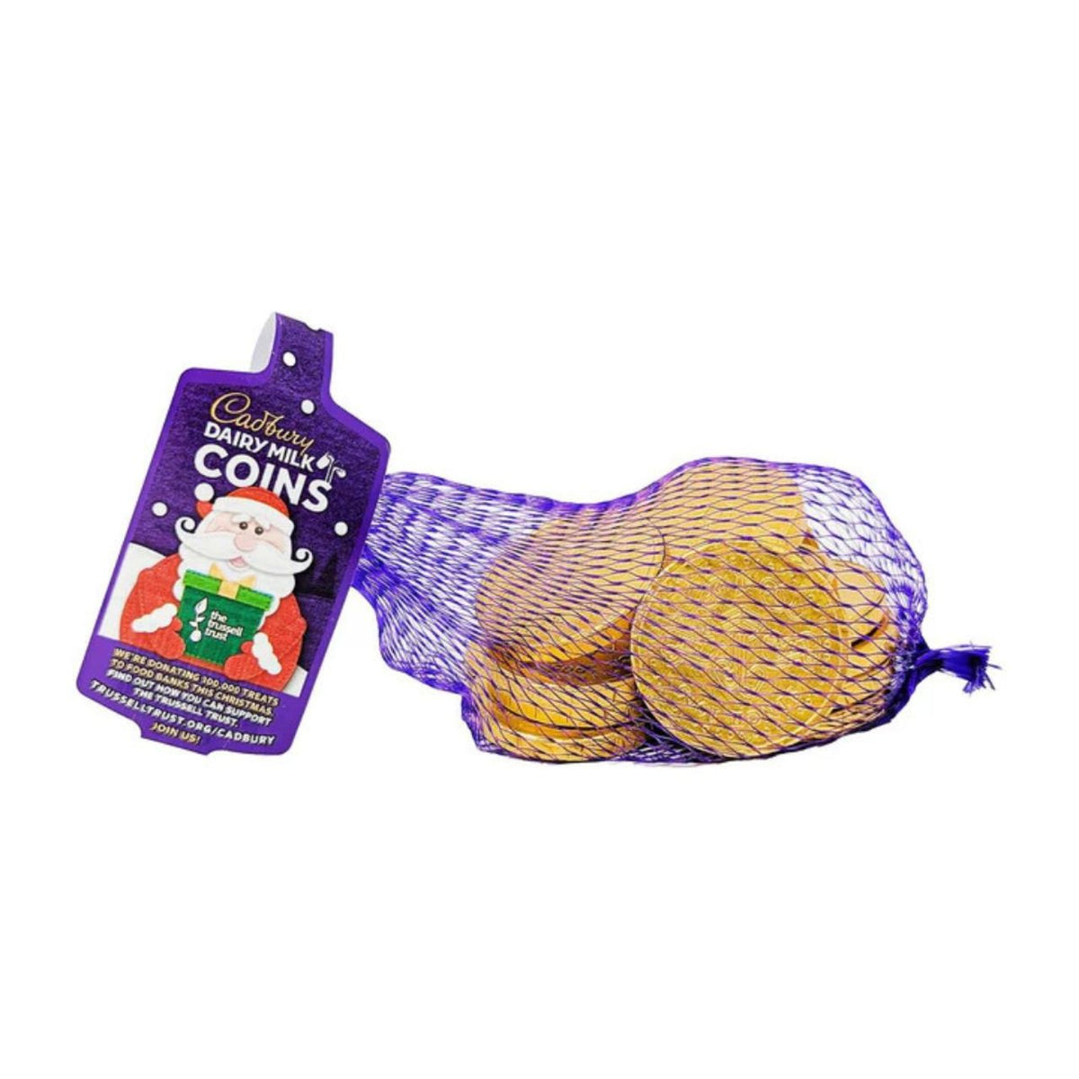 Purple Cadbury Dairy Milk Coins packaging with a Santa Claus design next to a mesh bag of coins on a white background.