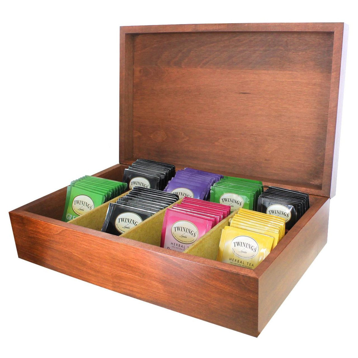 Wooden tea box with assorted Twining's tea bags inside