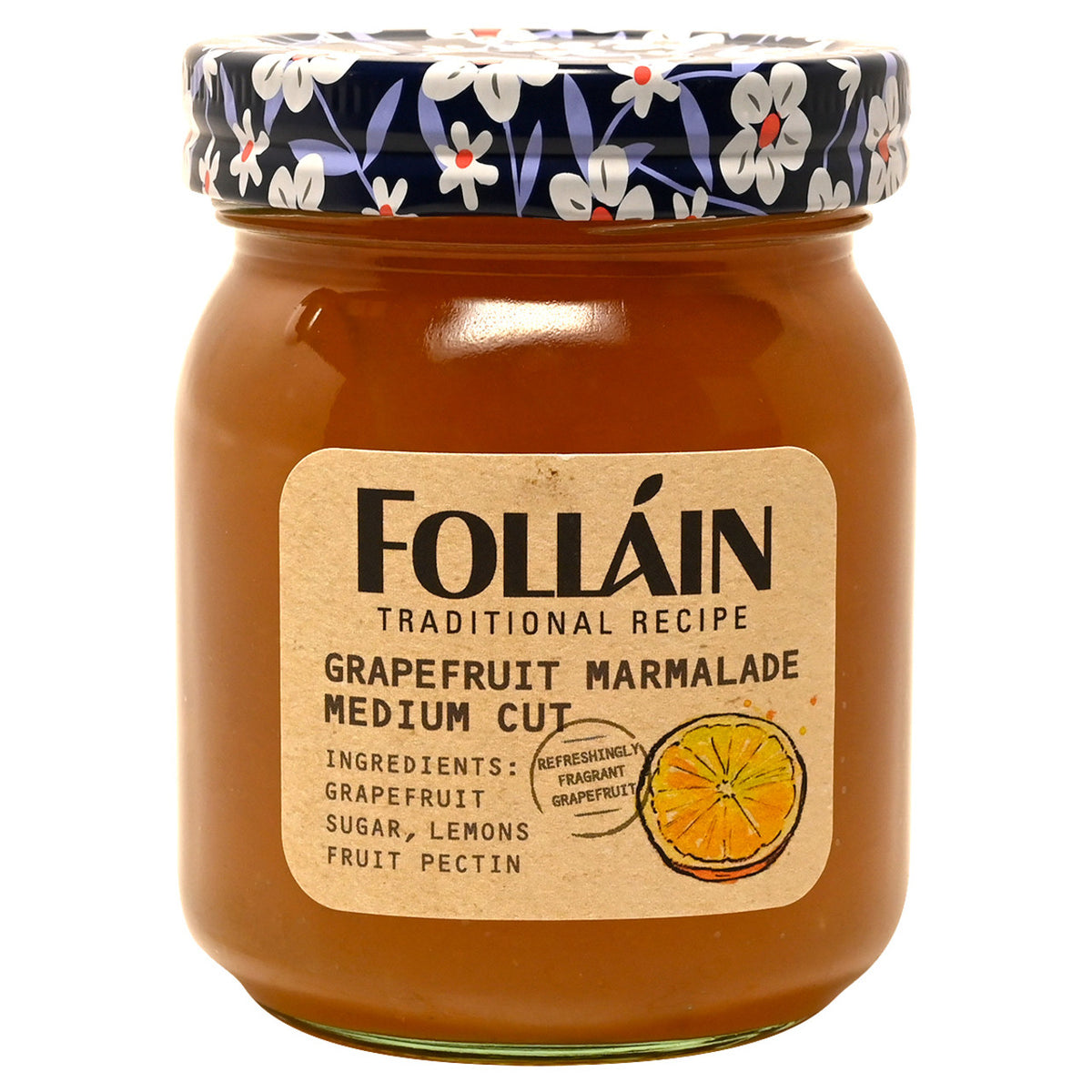 Jar of Folláin grapefruit marmalade with decorative lid on a white background