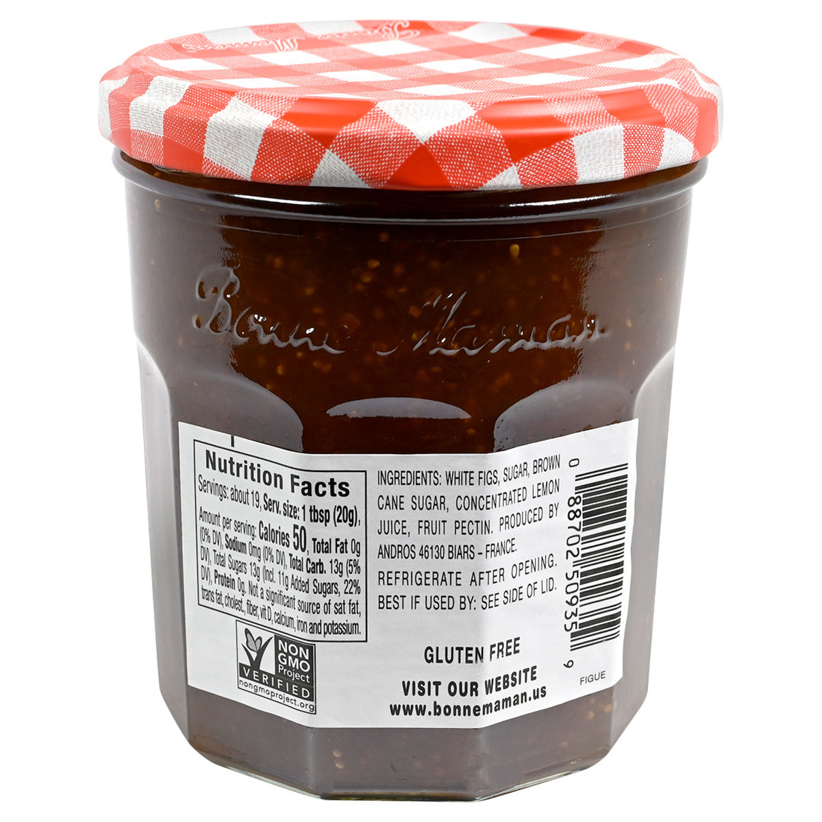 Back label containing ingredients and nutrition of a jar of Bonne Maman Fig Preserves with a red and white checkered lid on a white background 