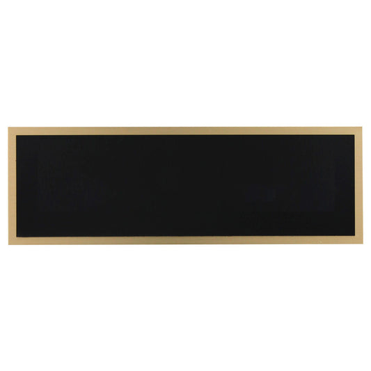 Rectangular black nameplate with a wooden frame on a white background