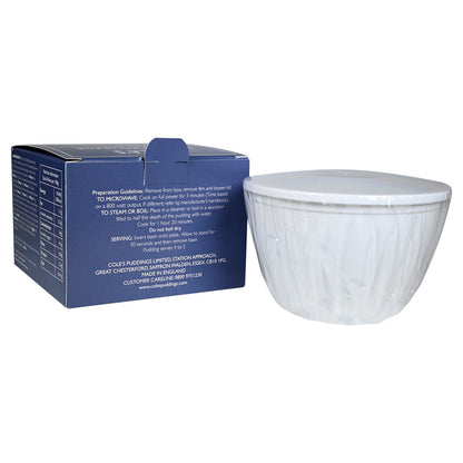 Cole's English Privilege Christmas Pudding with packaging on a white background with the white container inside the cardboard next to the cardboard box.