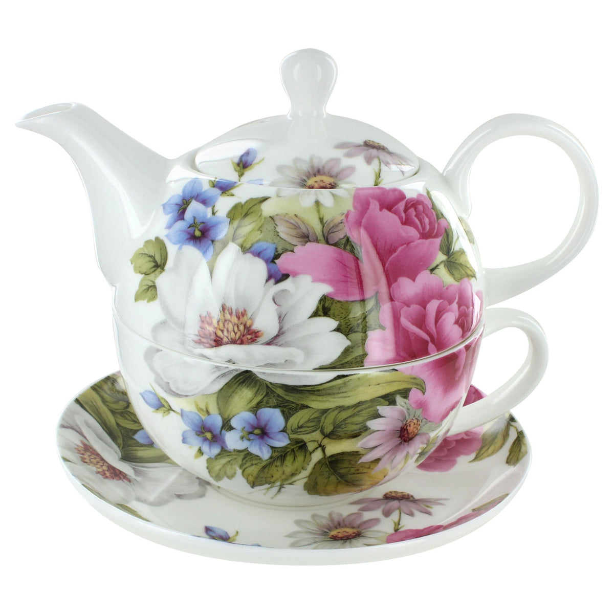 Floral teapot, cup, and saucer set on a white background