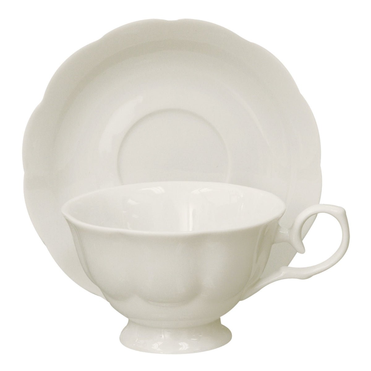 White porcelain teacup and saucer set on a white background