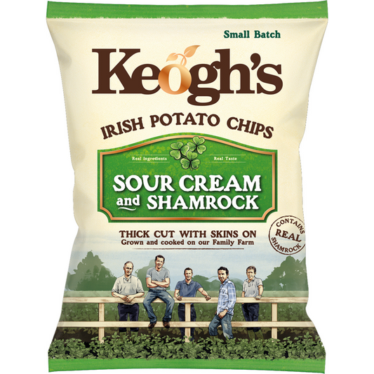 Keogh's Irish Potato Chips Sour Cream and Shamrock flavor packaging on a white background