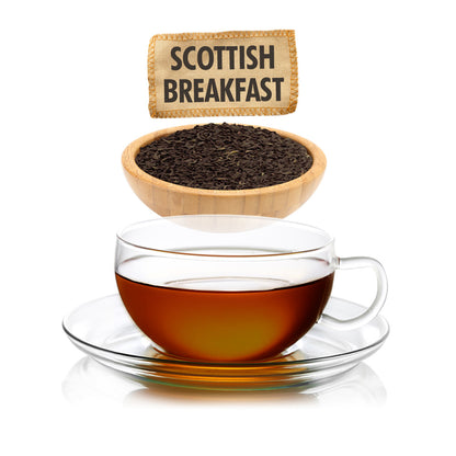 Clear mug of amber colored Scottish Breakfast Tea on a white background with a tag name call out for Scottish Breakfast and a small wooden bowl with dry black tea leaves.