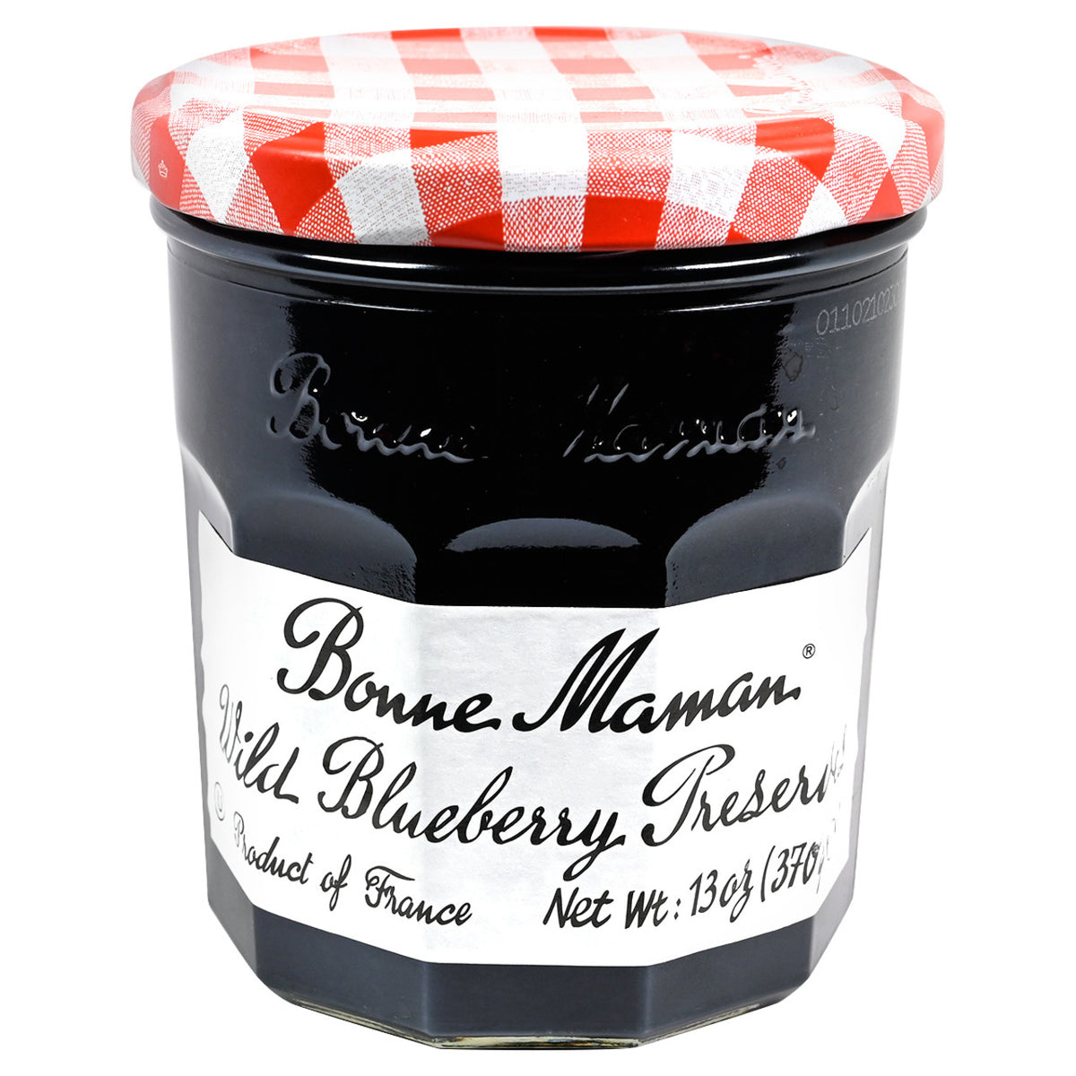 Bonne Maman Wild Blueberry Preserve jar with a red and white checkered lid on a white background