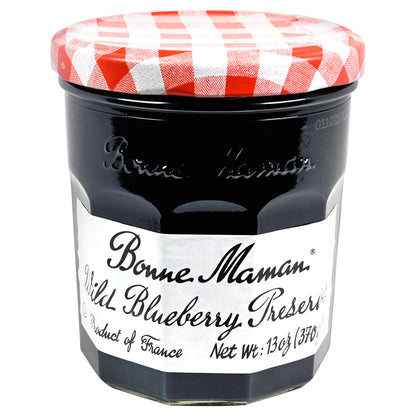 Bonne Maman Wild Blueberry Preserve jar with a red and white checkered lid on a white background